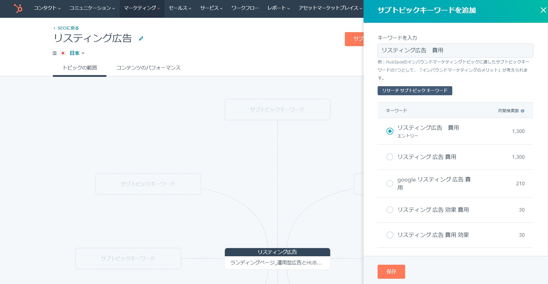 HubSpotのサブトピックキーワードの設定