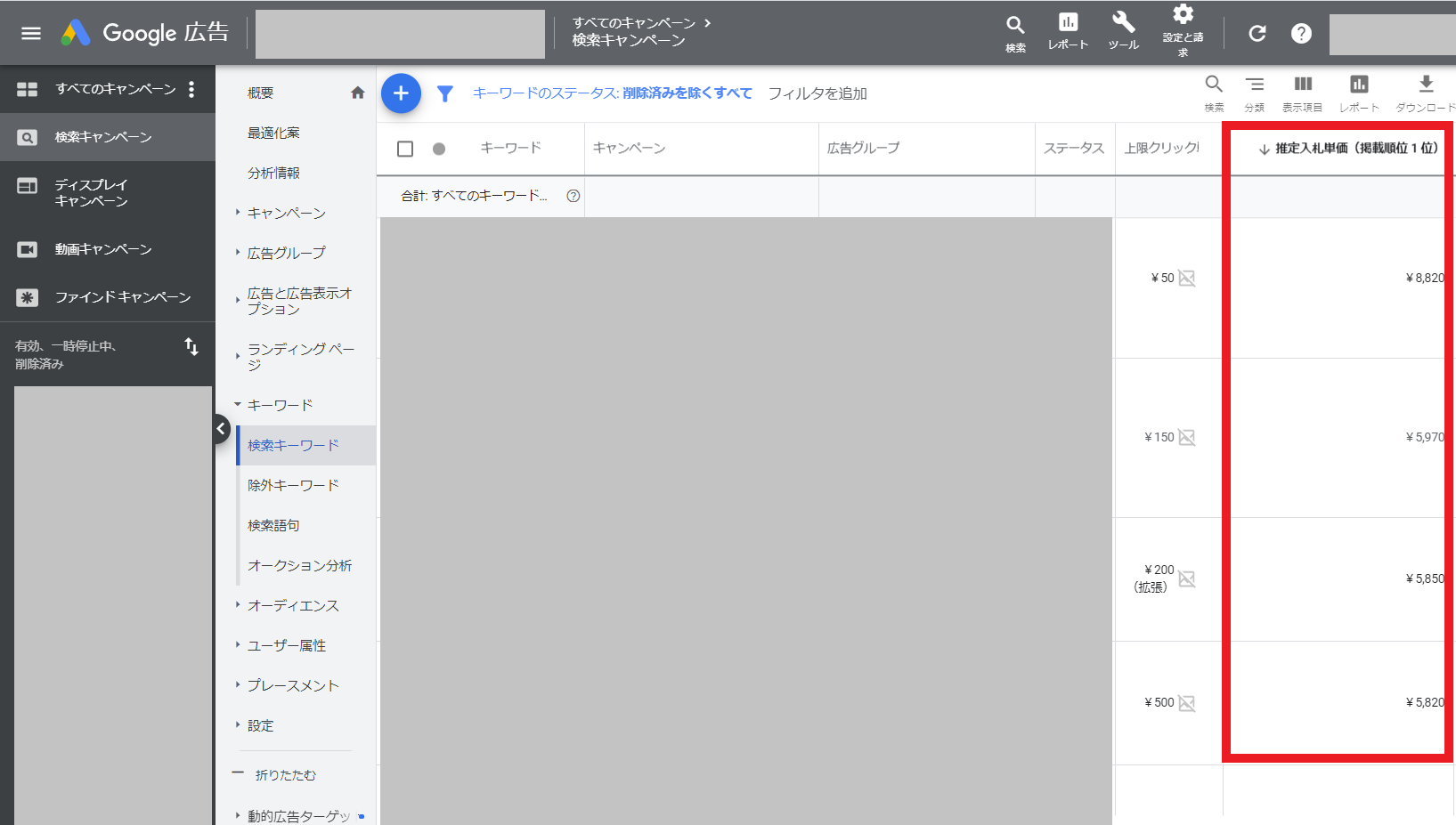 広告を上位掲載するために必要な入札単価を管理画面で確認する